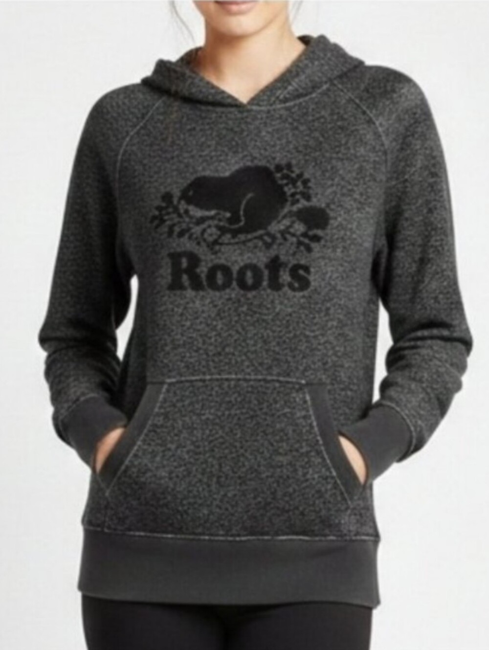 Roots Womens Salt & Pepper Kanga Hoodie Black Raglan Sweatshirt Size Large